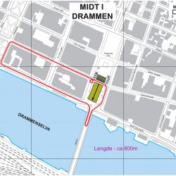 Foreløpig løype på 800 m med standplass på drosjeholdeplassen.