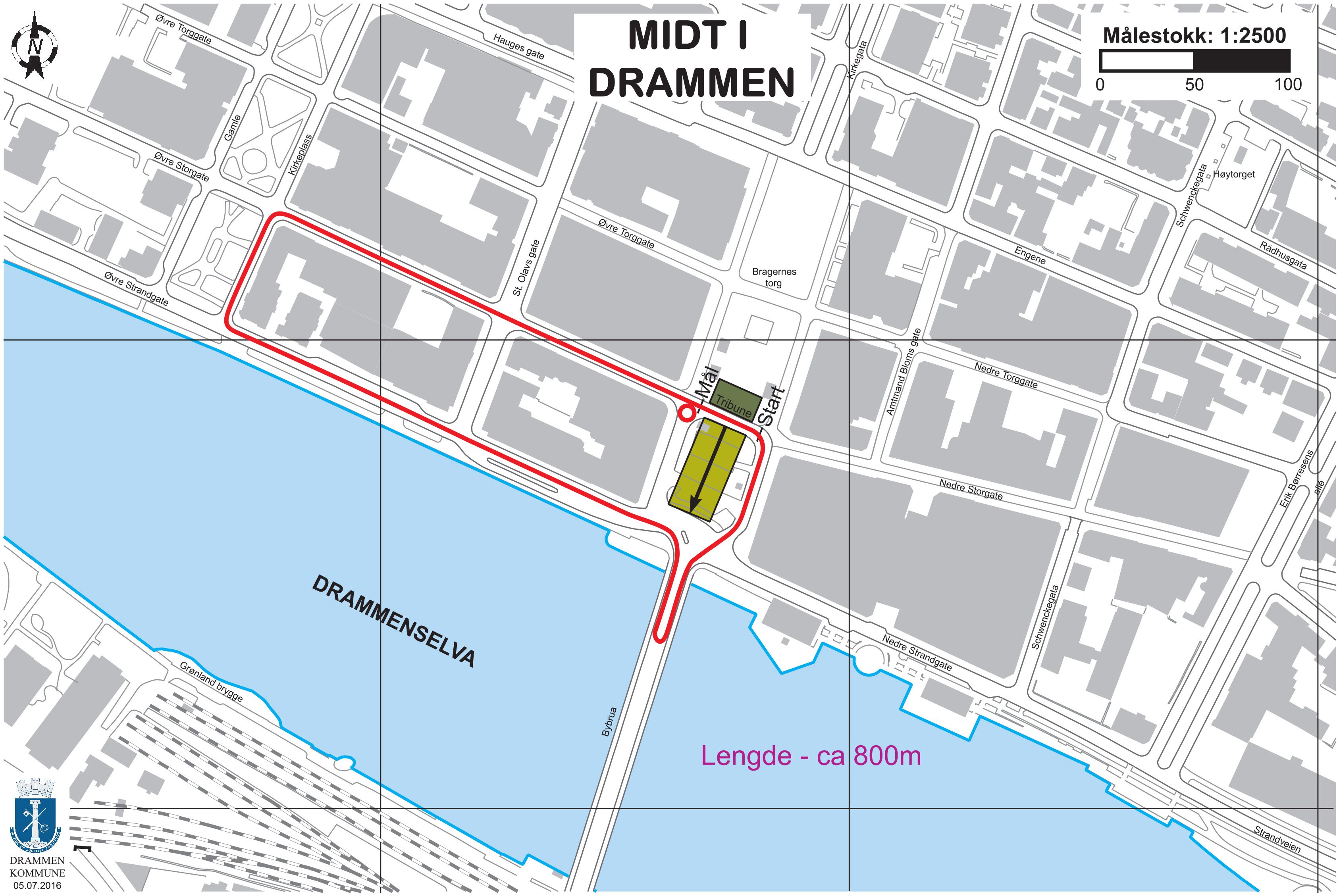 Foreløpig løype på 800 m med standplass på drosjeholdeplassen. 