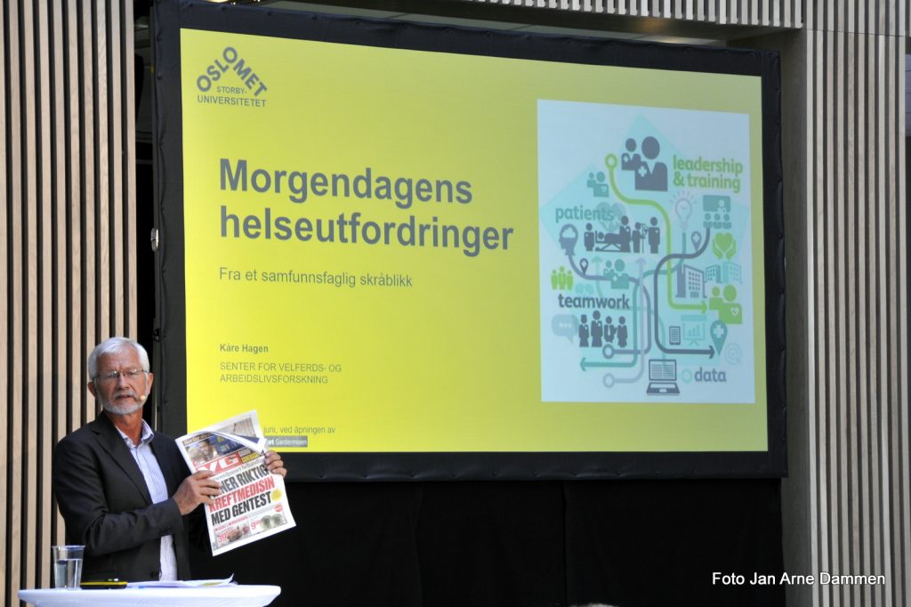 Kåre Hagen, senterleder senter for velferds- og arbeidslivsforskning, OsloMet - storbyuniversitetet holdt et engasjernede foredrag om fremtidens helseutfordringer. Utfordingene står i kø, men det gjør også mulighetene, sa han. Foto Jan Arne Dammen