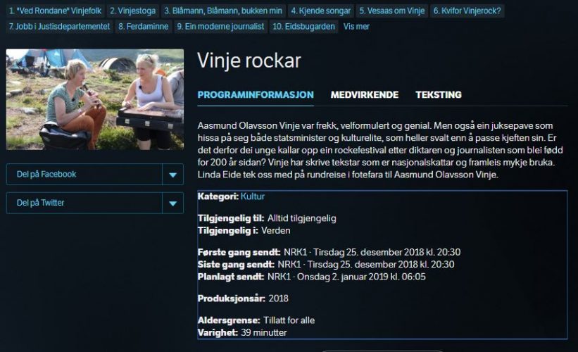 "Vinje rockar". -Hele NRK programmet som ble sendt 25.12.18