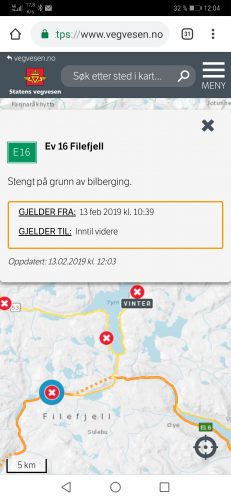 "Helårsåpne" E 16 er stengt på Filefjell