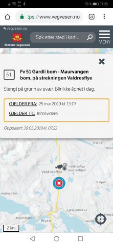 Fv. 51 over Valdresflye er stengt i dag 30. mars også