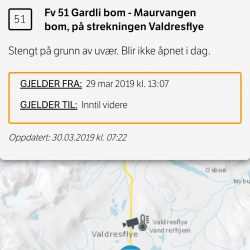 Fv. 51 over Valdresflye er stengt i dag 30. mars også