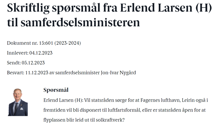 Siste nytt! -Kommentaren til statsråden sitt svar  ang Fagernes Lufthavn Leirin.