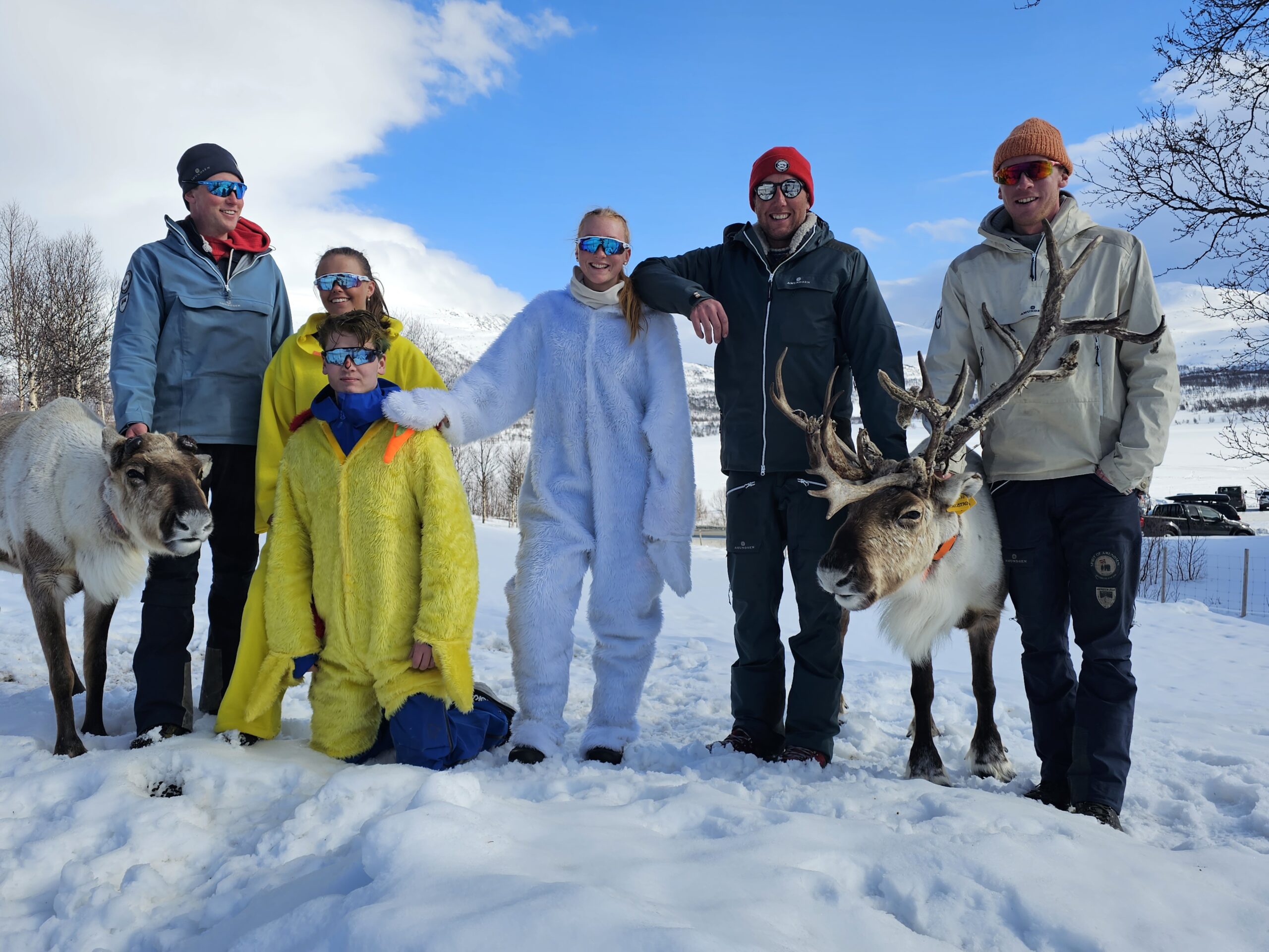 Reinsdyrene Syver (til venstre) og Iver (til høyre) sammen med fjellfolk fra Vågå og Lom som hadde det helt storartet i påskeskola ved Øvre Sjodalsvatnet. Fra venstre: Jørn Slettom, Astrid Sandbu Røe, Pål Løkken ,Marita Ramen, Ola Vaagasarøygard og Sjur Slettom.